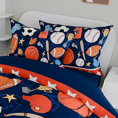 SANDJEST Sports Bedding Sets for Boys, Ultra Soft Microfiber Comforter Full Size Set with 4-Pieces, Comforters for Kids Children Boy Bedroom Decor