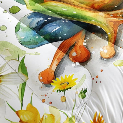 Cartoon Green Wild Frog Comforter 3Pcs Yellow Sunflower Bedding Queen Tropical Amphibian Animal Quilt Set for Kid Teen Girl Boy Adult Botanical Leaf Bed Decor with 1 Comforter and 2 Pillowcases