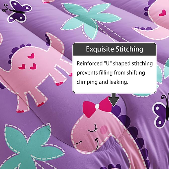 Axolotl Purple Dinosaur Comforter Set King Size,Cute Dinosaur Girls Bedding,Cartoon Dinosaurs Bedding Set for Girls Teens,Kawaii Dino Animal Kids Comforter for Boys Adults,1 Quilt 2 Pillow Cases
