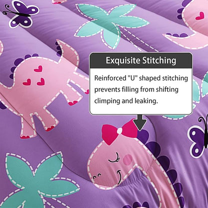 Axolotl Purple Dinosaur Comforter Set King Size,Cute Dinosaur Girls Bedding,Cartoon Dinosaurs Bedding Set for Girls Teens,Kawaii Dino Animal Kids Comforter for Boys Adults,1 Quilt 2 Pillow Cases