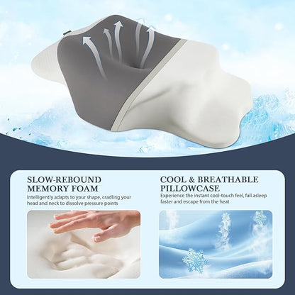 Cervical Neck Memory Foam Pillow for Sleeping, Firm Support Two Heights Side Sleeper Pillow, Ergonomic Contour Pillow for Neck Shoulder Pain Relief (Gray& White)