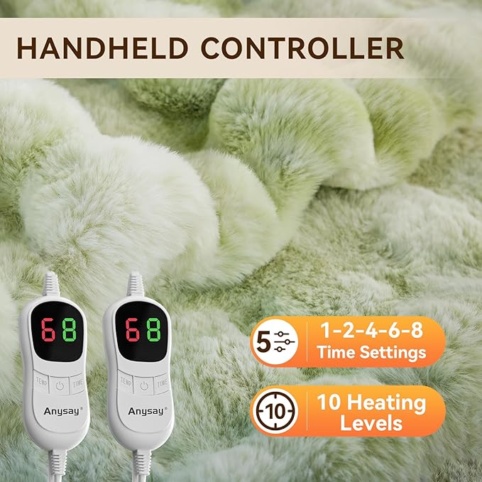 Heated Blanket Throw with 1/2/4/6/8 Hours Auto-Off 10 Heat Level, 90'' * 100'' Cozy Faux Rabbit Fur Bubble Electric Blanket with Overheat Protection(Tie-Dye Green)
