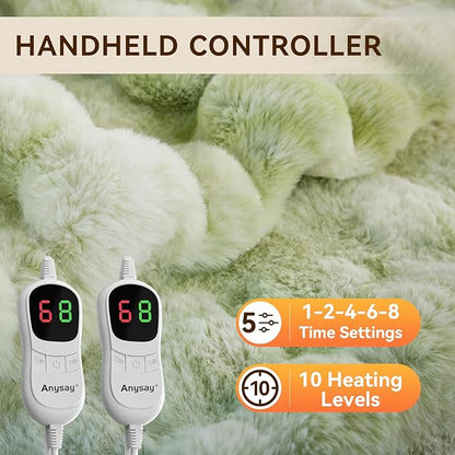 Heated Blanket Throw with 1/2/4/6/8 Hours Auto-Off 10 Heat Level, 90'' * 100'' Cozy Faux Rabbit Fur Bubble Electric Blanket with Overheat Protection(Tie-Dye Green)