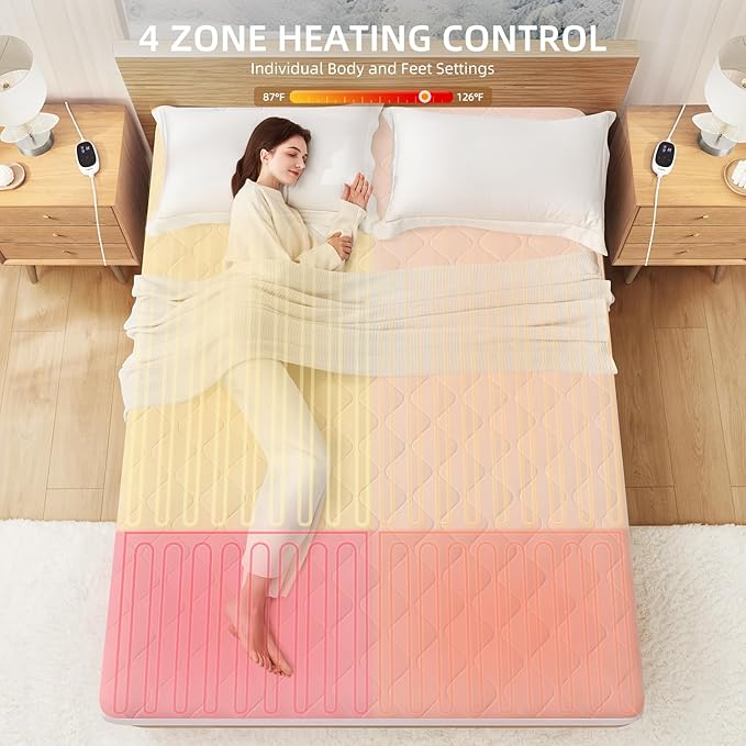 Heated Mattress Pad Quilted Multizone Electric Mattress pad Individual Body and Feet Bed Warmer 9 Heat Settings 1-12 Hours Auto Off Deep Pocket Fast Heating Machine Washable Queen 60''x80''