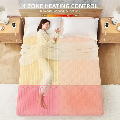 Heated Mattress Pad Quilted Multizone Electric Mattress pad Individual Body and Feet Bed Warmer 9 Heat Settings 1-12 Hours Auto Off Deep Pocket Fast Heating Machine Washable Queen 60''x80''