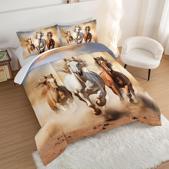 Pentium Horse Print Bedding Comforter Set King Size for Teens,Farm Animal Pattern Bedding Set for Boys Girls Room Horse Decor,Desert Theme Bedding Set with 2 Pillowcases.
