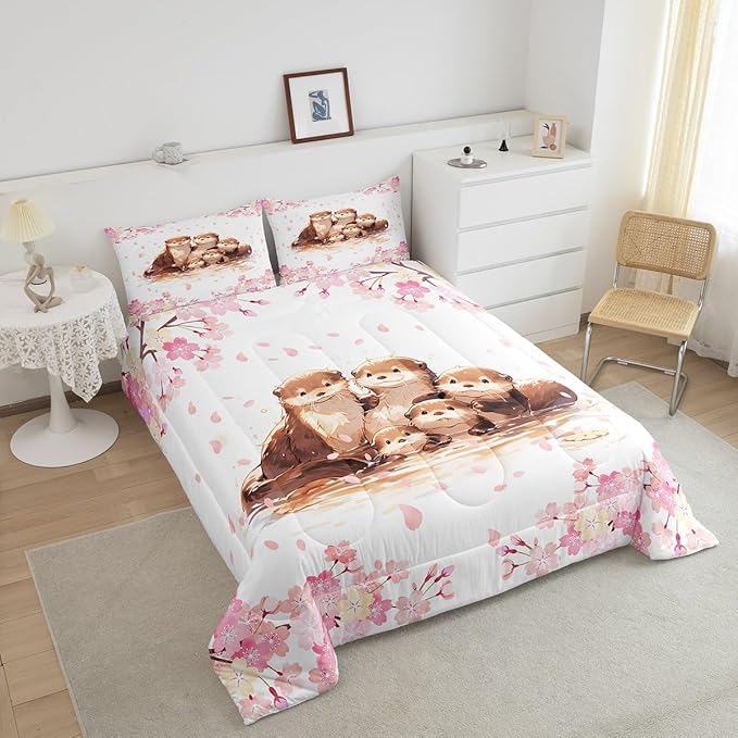 Cute Otter Family Comforter Set Watercolor Pink Cherry Blossom Decor Bedding Set for Kids Girls Teens Lovely Cartoon Wild Animals Spring Microfiber Duvet Set with 2 Pillowcases Full Size 3 Pcs