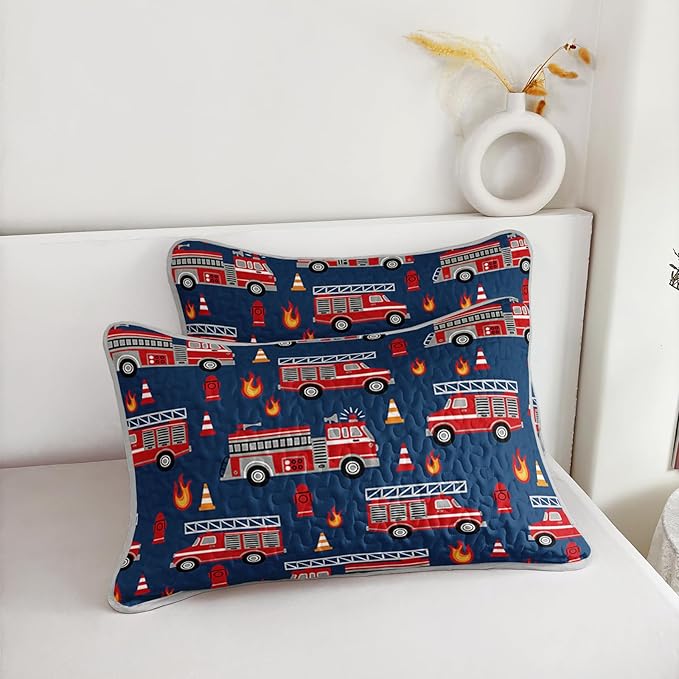 QOOMO Fire Truck Quilt Set Twin Size,Fire Truck Bedspread Coverlet Set,Truck 3Pcs Bedding Set Printed Quilt with 2 Pillowcases,Soft and Lightweight,for All Seasons