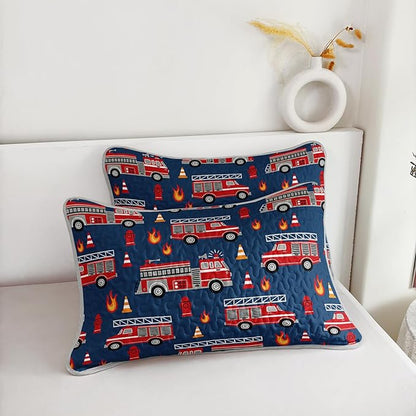 QOOMO Fire Truck Quilt Set King Size,Fire Truck Bedspread Coverlet Set,Truck 3Pcs Bedding Set Printed Quilt with 2 Pillowcases,Soft and Lightweight,for All Seasons