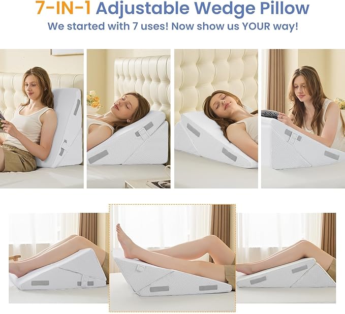Sasttie Wedge Pillow for After Surgery, Adjustable Bed Wedge Pillow Headboard for Acid Reflux, Sleeping, Neck & Back Support, with Removable Cover, White