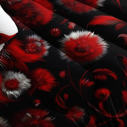 Red and Black Lion Queen Size Comforter Set for Men，Queen Size Quilt Bedding Set Floral，with 1 Comforter with 2 Pillow Case