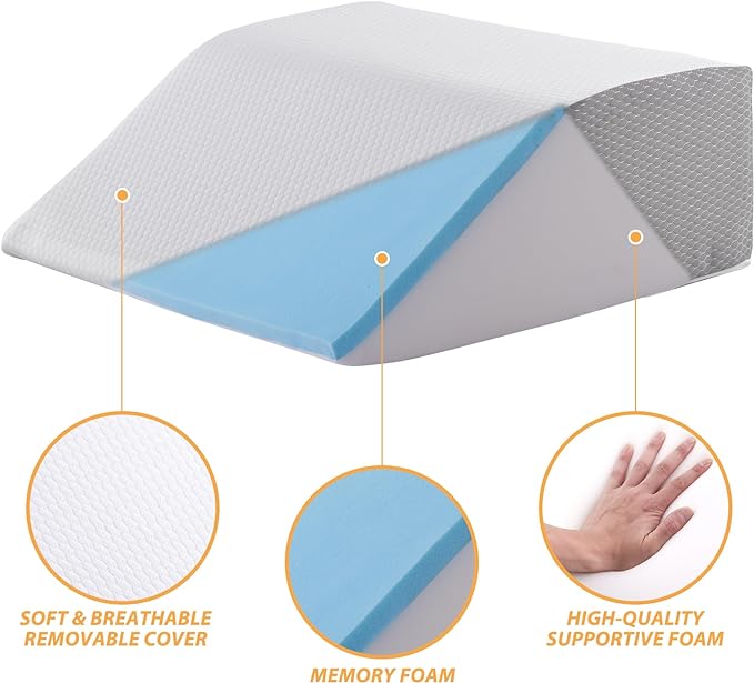 Bedluxe Leg Pillow, 8inch Leg Elevating Pillow for After Surgery, Blood Circulation, Leg Wedge Pillow for Side Sleeping, Leg Rest for Swelling, Cooling Gel Memory Foam Top, White/Grey