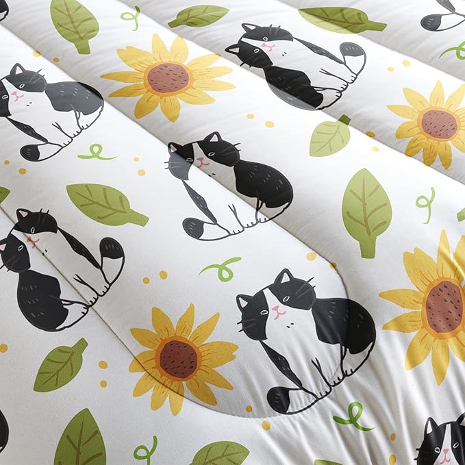QOOMO Kawaii Cat Comforter Full Size,Sunflower Cat Comforter Set for Kids Teens Girls Boys,3Pcs Bedding Set Printed Comforter with 2 Pillowcases,Down Alternative,Soft and Lightweight，Full Size