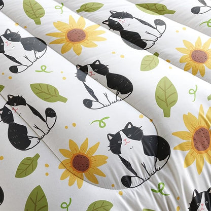 QOOMO Kawaii Cat Comforter Full Size,Sunflower Cat Comforter Set for Kids Teens Girls Boys,3Pcs Bedding Set Printed Comforter with 2 Pillowcases,Down Alternative,Soft and Lightweight，Full Size