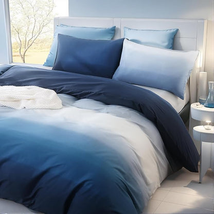 Blue and White Duvet Cover King Size 100% Cotton Duvet Cover Sets Gradient Blue Comforter Cover Ocean Like 3 Pcs Soft and Lightweight Bedding Set for All Seasons