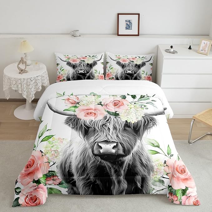Feelyou Highland Cow Bedding Set Kids Rose Floral Bull Cattle Comforter Set for Girls Teens Western Wildlife Animal Comforter Farmhouse Duvet Set Room Decor Quilt Set Queen Size