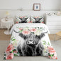 Feelyou Highland Cow Bedding Set Kids Rose Floral Bull Cattle Comforter Set for Girls Teens Western Wildlife Animal Comforter Farmhouse Duvet Set Room Decor Quilt Set Queen Size