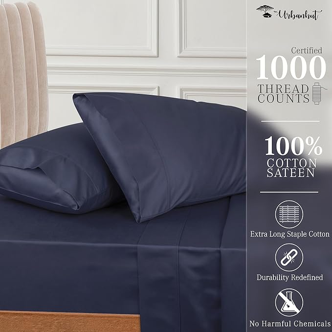 URBANHUT 1000 Thread Count Full Sheet Set Egyptian Cotton Sheets, Long Staple Soft & Breathable, 4 Pc Bed Sheet Sets, Luxury Hotel Sateen Sheets Fits 16" Deep Pocket - Navy Blue