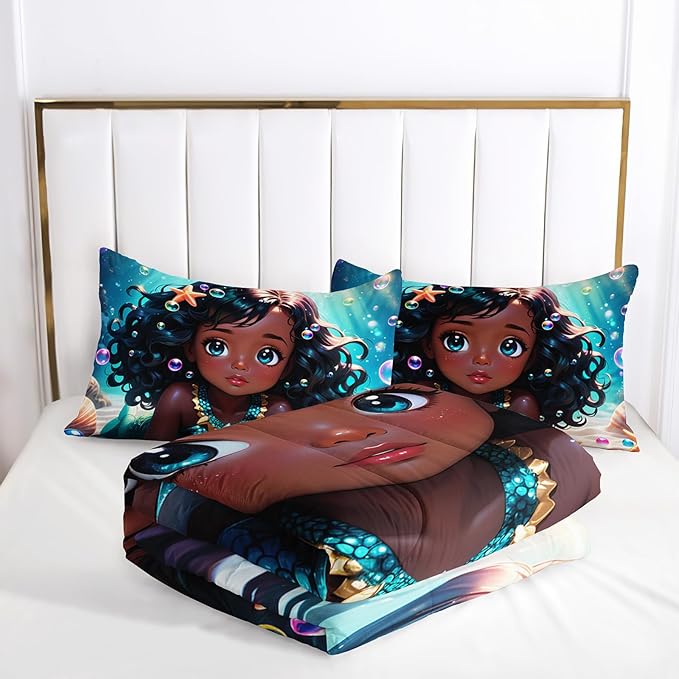 Black Girl Mermaid Comforter Set Twin Size, Kawaii Mermaid Bedding Set with Bubble Design for Kids Girl, Ocean Theme Duvet Set with 2 Pillowcases