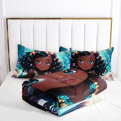 Black Girl Mermaid Comforter Set Queen Size, Kawaii Mermaid Bedding Set with Bubble Design for Kids Girl, Ocean Theme Duvet Set with 2 Pillowcases