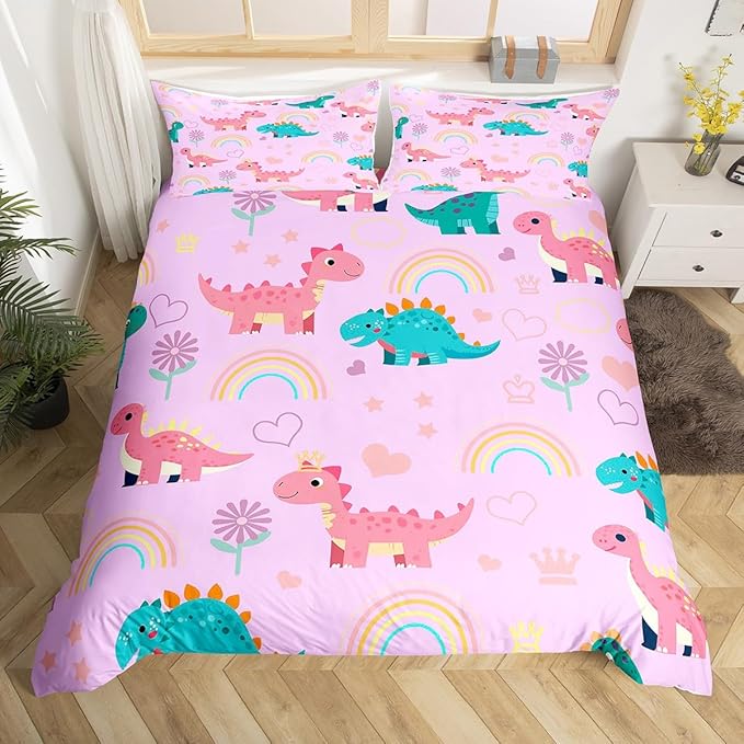 Kawaii Dino Duvet Cover Set Full Size,Cute Rainbow Floral Love Heart Reversible Quilt Cover with 2 Pillowcases,Pink Blue Dinosaur Lovely Animal Breathable Bedding Set (NO Comforter), Soft