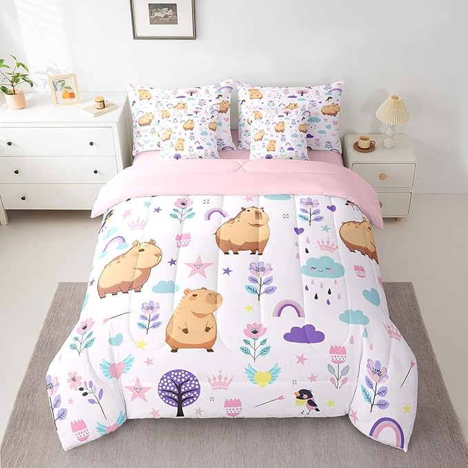 Erosebridal King Bed in a Bag Floral Capybara Comforter Set with Sheets 7Pieces All Season Cartoon Animal Bedding Sets with Comforter, Cushion Covers, Flat Sheet, Fitted Sheet and Pillowcase