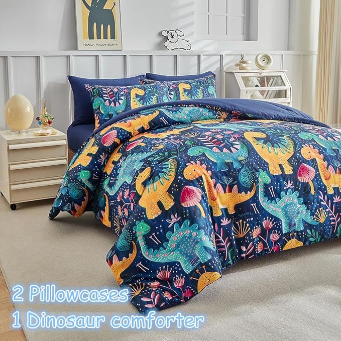 Kids Twin Comforter Set for Boys and Girls, 3pcs Dinosaur Comforter with 2 Pillowcases, Floral Dino Twin Bedding Set for Kids Teens Washable Super Soft Microfiber for All Season, Blue