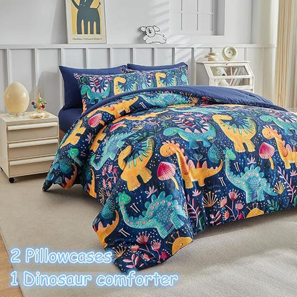 Kids Twin Comforter Set for Boys and Girls, 3pcs Dinosaur Comforter with 2 Pillowcases, Floral Dino Twin Bedding Set for Kids Teens Washable Super Soft Microfiber for All Season, Blue