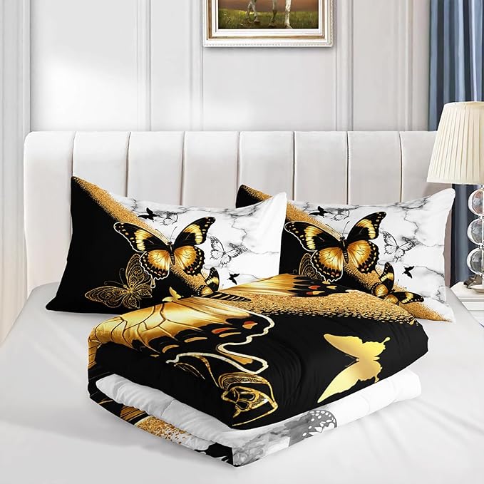 Kids Bedding Full Size Comforter Set,Black and Gold Butterfly Bedding Comforter Sets for Boys Girls Room Decor,Animal Themed Artistic Aesthetic Bedding Sets with 2 Pillowcases.