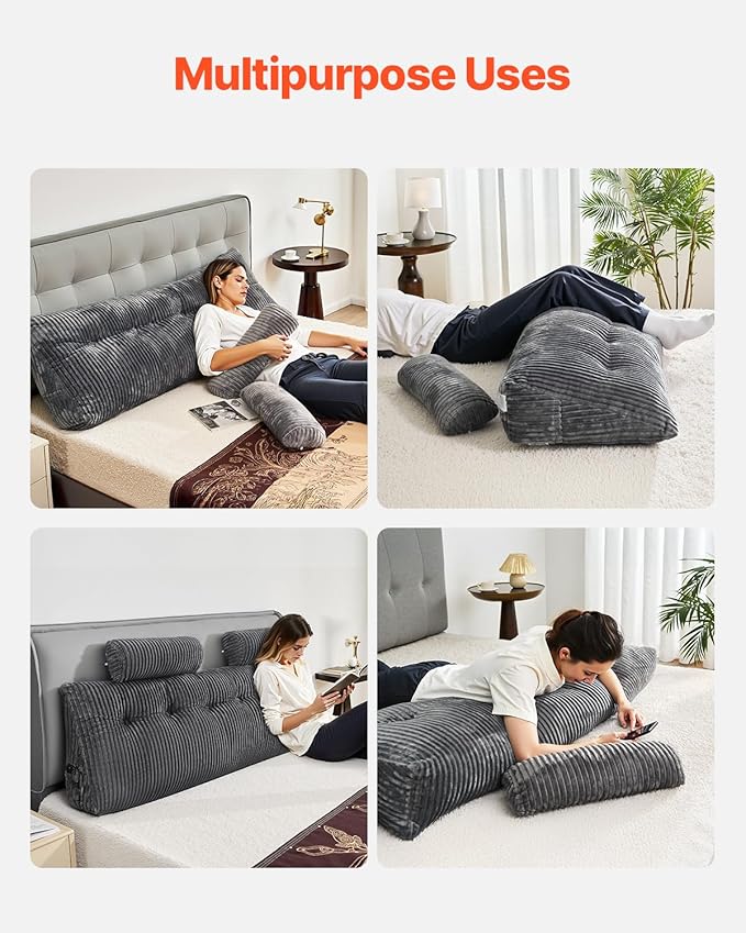 VEVOR Headboard Pillow, King Size Wedge Headboard Pillow with 2 Side Pockets and 2 Headrests, Bed Wedge Pillow with Washable Flannel Cloth, for Reading, Gaming, Resting, Working in Bed, Grey