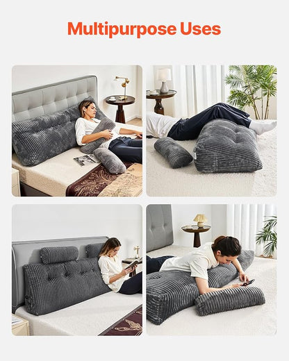 VEVOR Headboard Pillow, King Size Wedge Headboard Pillow with 2 Side Pockets and 2 Headrests, Bed Wedge Pillow with Washable Flannel Cloth, for Reading, Gaming, Resting, Working in Bed, Grey