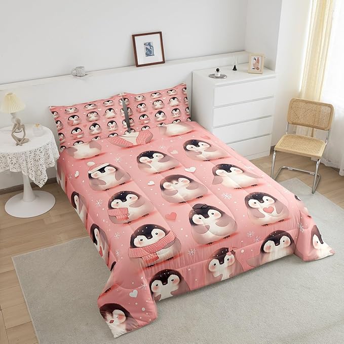 Castle Fairy Lovely Penguin Bedding Set King Size Cute Antarctic Animal Comforter Set for Girls Boys Room Decor Watercolor Snowflake Down Comforter Geometric Heart Print Quilt Set with 2 Pillowcases