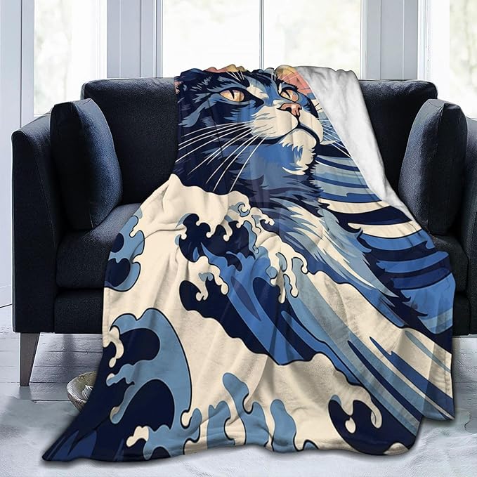 Japanese Painting Cat Blanket Gifts for Cat Lovers Grils Women Kitten Wave Art Flannel Throw Blankets for Home Couch Bed Sofa Soft Fuzzy Lightweight Decor All Season 60x50 Inches