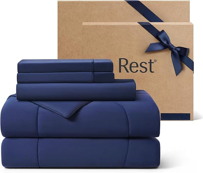 Rest® Evercool®+ Cooling Comforter Set, Full, Midnight Blue, 4pcs with Cooling Blanket, Wrinkle-Free Deep Pocket Fitted Sheet, 2 Silver-Infused Pillowcases for Skin and Hair Bed Set, for Ultra Comfort