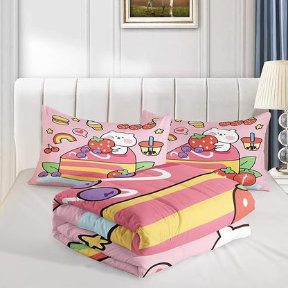 QOOMO Kawaii Bear Comforter King,Pink Bear Comforter Set for Kids Teens Girls,3Pcs Bedding Set Printed Comforter with 2 Pillowcases,Down Alternative,Soft and Lightweight，King Size
