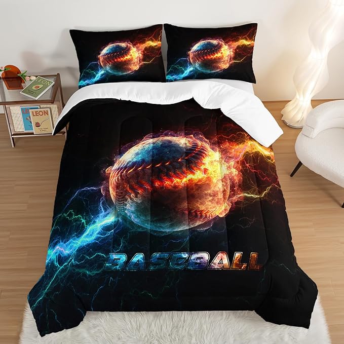 HOSIMA Baseball Comforter for Boys Girls Teens,Flame Lightning Twin Bed in a Bag Sports Themed Bedroom Decor,Dorm Room Essentials for College Students Boys Soft Microfiber Black Comforter.