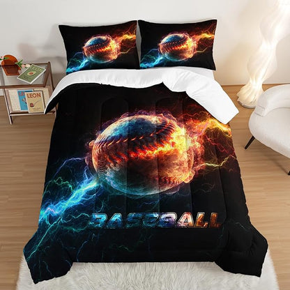 HOSIMA Baseball Comforter for Boys Girls Teens,Flame Lightning Full Size Bed in a Bag Sports Themed Bedroom Decor,Dorm Room Essentials for College Students Boys Soft Microfiber Black Comforter.