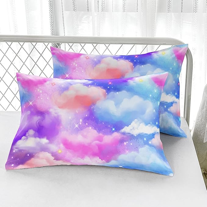 Rainbow Bedding Set,Pink Clouds Comforter Set Twin Size for Boys Girls Pink Blue Cloud Sky 3D Digital Printing Comforter Set with 1 Comforter and 2 Pillowcases