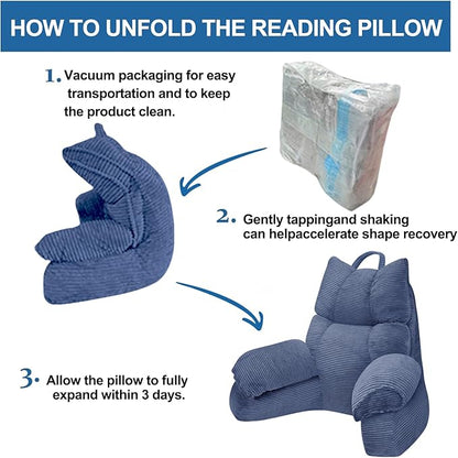 RRPAHWTV Reading Pillow for Bed with High Arm Rests ,Back Support Pillow for Sitting Up in Bed with Shredded Memory Foam for Reading, TV, Gaming or Relaxing on Floor（Dark Blue, Large）