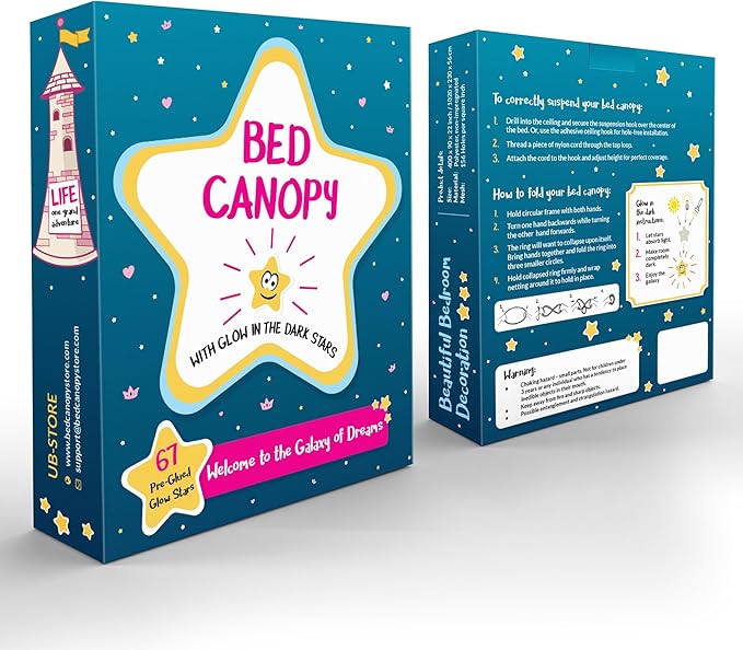 Pink Canopy for Girls Bed with Pre-Glued Glow in The Dark Stars - Princess Mosquito Net Room Decor - Kids & Baby Bedroom Tent with Galaxy Lights - 1 Opening Canopy Bed & Hanging Kit Included