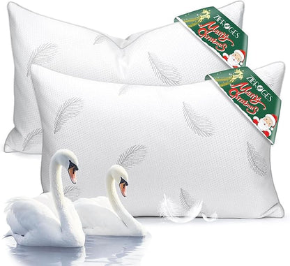 Goose Feather Pillows Bed Pillow - Hotel Down Pillows King Size Set of 2,Fluffy Support Surround Fill Polyester for Back, Stomach, Side Sleepers, Breathable & Soft Bed Pillow for Sleeping
