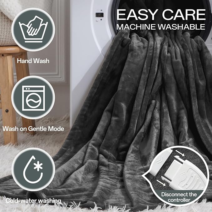 Heated Blanket Queen Size with Dual Control, Electric Blanket Double-Layer Flannel, Heating Blanket with 8 Heating Levels & 10 Hours Auto-Off Machine Washable, ETL Certification (Dark Grey, 84" x 90")