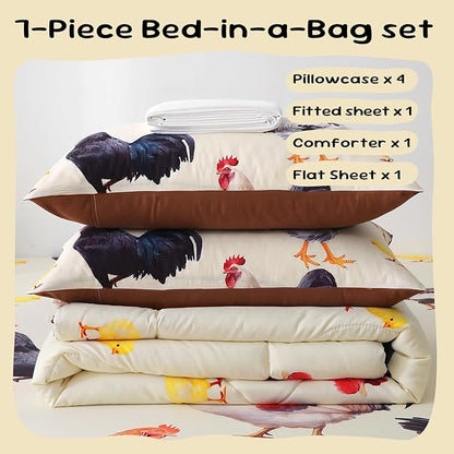 Wajade Chicken Comforter Set 7 Pcs Animal Theme Bedding Set Twin Size for Kids Adults Chicken Quilt Farm Theme Printed Pattern for Thanksgiving Birthday