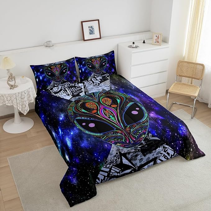 Feelyou Alien Printed Comforter Kids Galaxy Outer Space Themed Bedding Set Boys Girls Trippy Alien Hippie Skull Decor Comforter Set Colorful Tie Dye Quilted Duvet Bedroom Bed Set Toddler Size