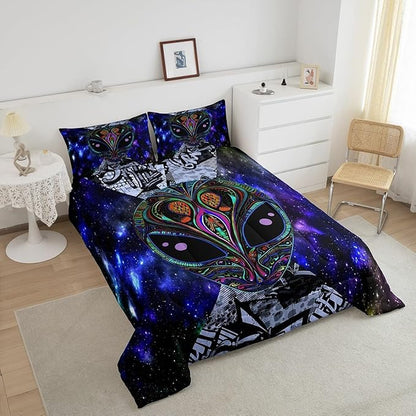 Feelyou Alien Printed Comforter Kids Galaxy Outer Space Themed Bedding Set Boys Girls Trippy Alien Hippie Skull Decor Comforter Set Colorful Tie Dye Quilted Duvet Bedroom Bed Set Toddler Size