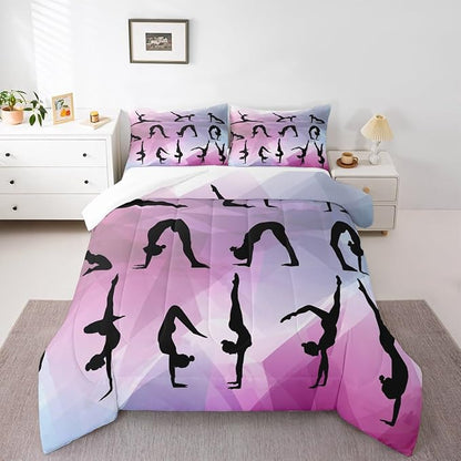 Gymnastics Bedding Set Full Size,Dancing Lover Silhouette Comforter Set 3pcs for Kids Girls Woman Gymnast Room Decor,Cheerleading Sports Quilt Set Pink White Duvet Insert with 2 Pillowcases