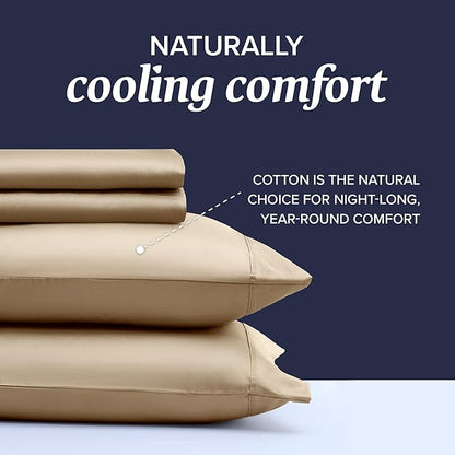 Beckham Hotel Collection Twin Sheet Set 100% Cotton, 500TC Luxury Sateen Bedding, 16” Deep Pocket, Moisture-Wicking, 3-Piece, Sand