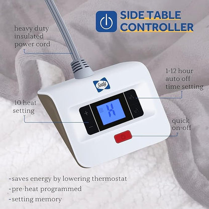 Sealy Electric Blanket Twin Size, Flannel & Sherpa Heated Blanket with 10 Heating Levels & 1-12 Hours Auto Off, Machine Washable, Light Grey, 62"x 84"