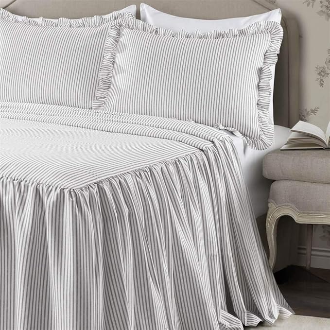 Lush Decor Ticking Stripe Bedspread King Size 3 Piece Set Gray - Ruffle Bedding Set King Bedspreads - Striped Bedding - Farmhouse & Coquette Decor