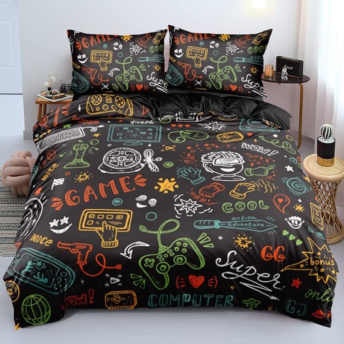 3D Print Gamepad Duvet Cover Set Gaming Comforter Covers and Pillowcases King Size Black Color Bed Set Gamer Beddings Boy Kid Bedroom Decorations